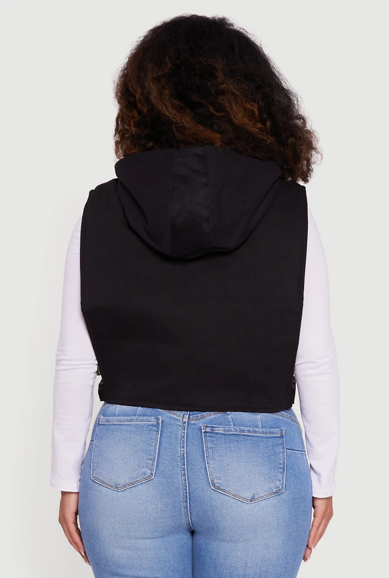 Womens Plus Size Side Buckle Hooded Zip Front Quilted Vest, Black, Size 2X