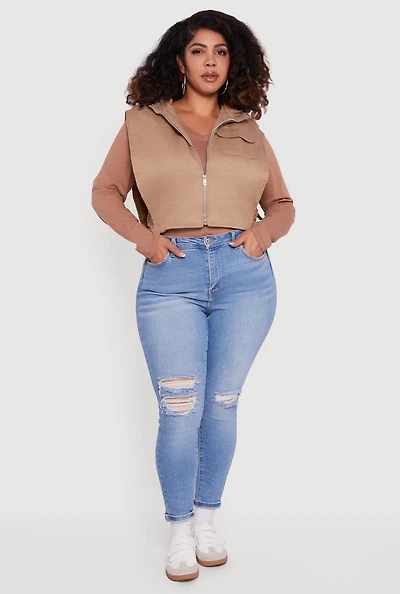 Plus Side Buckle Hooded Zip Front Quilted Vest