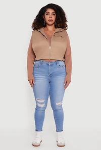 Womens Plus Size Side Buckle Hooded Zip Front Quilted Vest, Beige, Size 2X