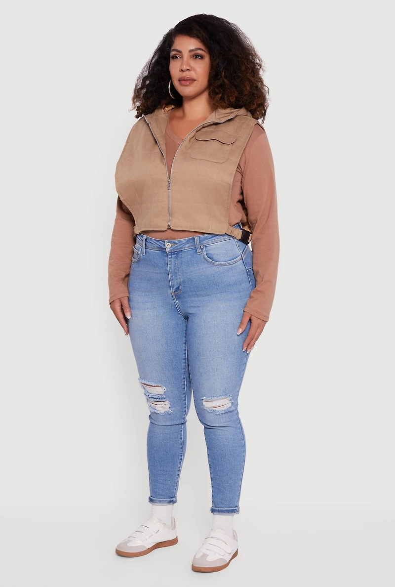 Womens Plus Size Side Buckle Hooded Zip Front Quilted Vest, Beige, Size 2X