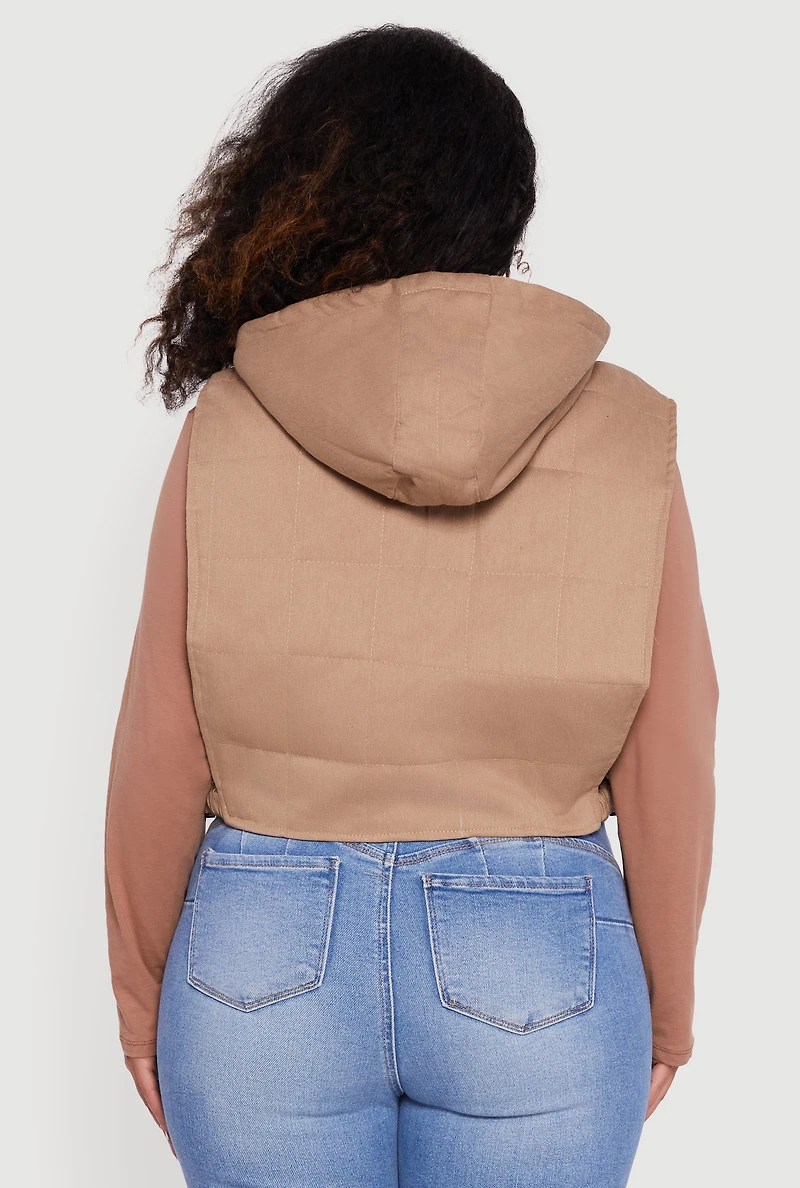 Plus Side Buckle Hooded Zip Front Quilted Vest