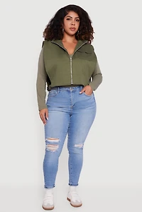 Womens Plus Size Side Buckle Hooded Zip Front Quilted Vest, Green, Size 3X