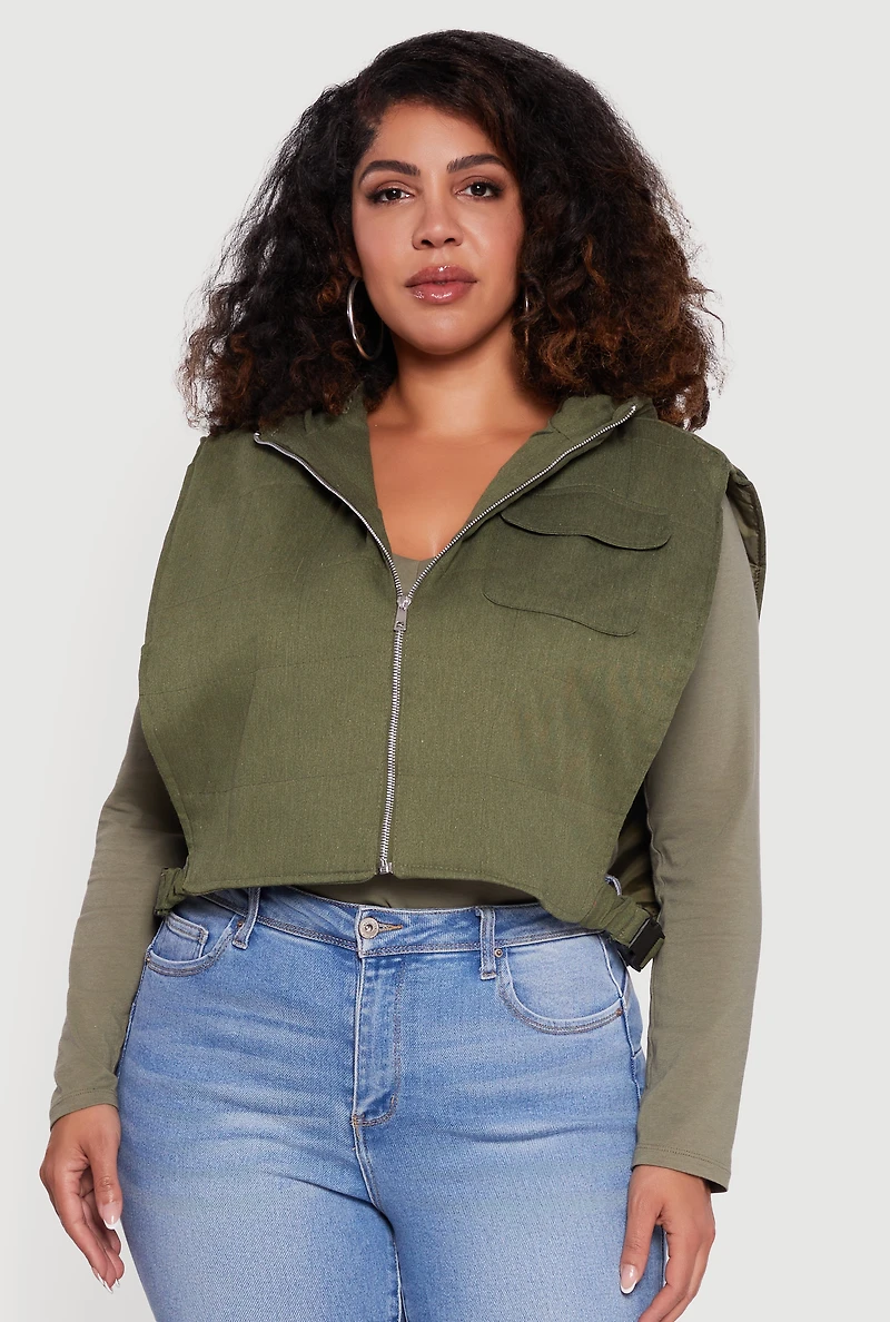 Womens Plus Size Side Buckle Hooded Zip Front Quilted Vest, Green, Size 3X