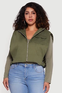 Womens Plus Size Side Buckle Hooded Zip Front Quilted Vest, Green, Size 3X