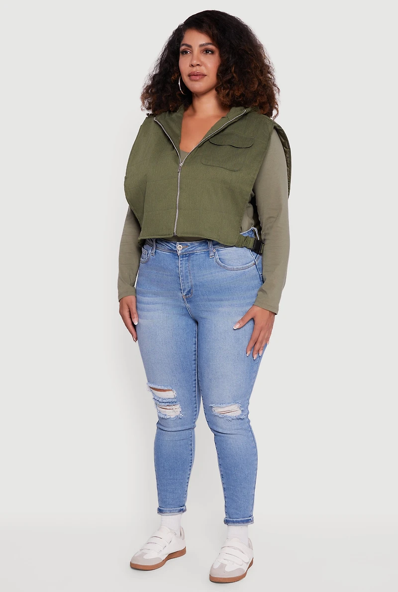Womens Plus Size Side Buckle Hooded Zip Front Quilted Vest, Green, Size 3X
