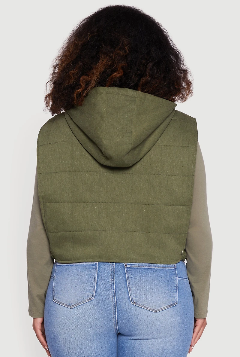 Womens Plus Size Side Buckle Hooded Zip Front Quilted Vest, Green, Size 3X