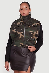 Womens Plus Size Camo Print Mock Neck Side Buckle Quilted Vest, Green, Size 3X