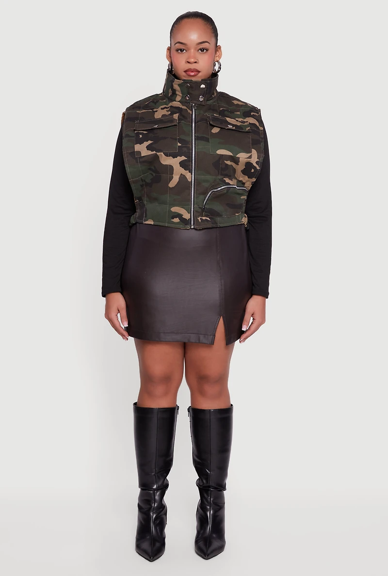 Plus Camo Print Mock Neck Side Buckle Quilted Vest