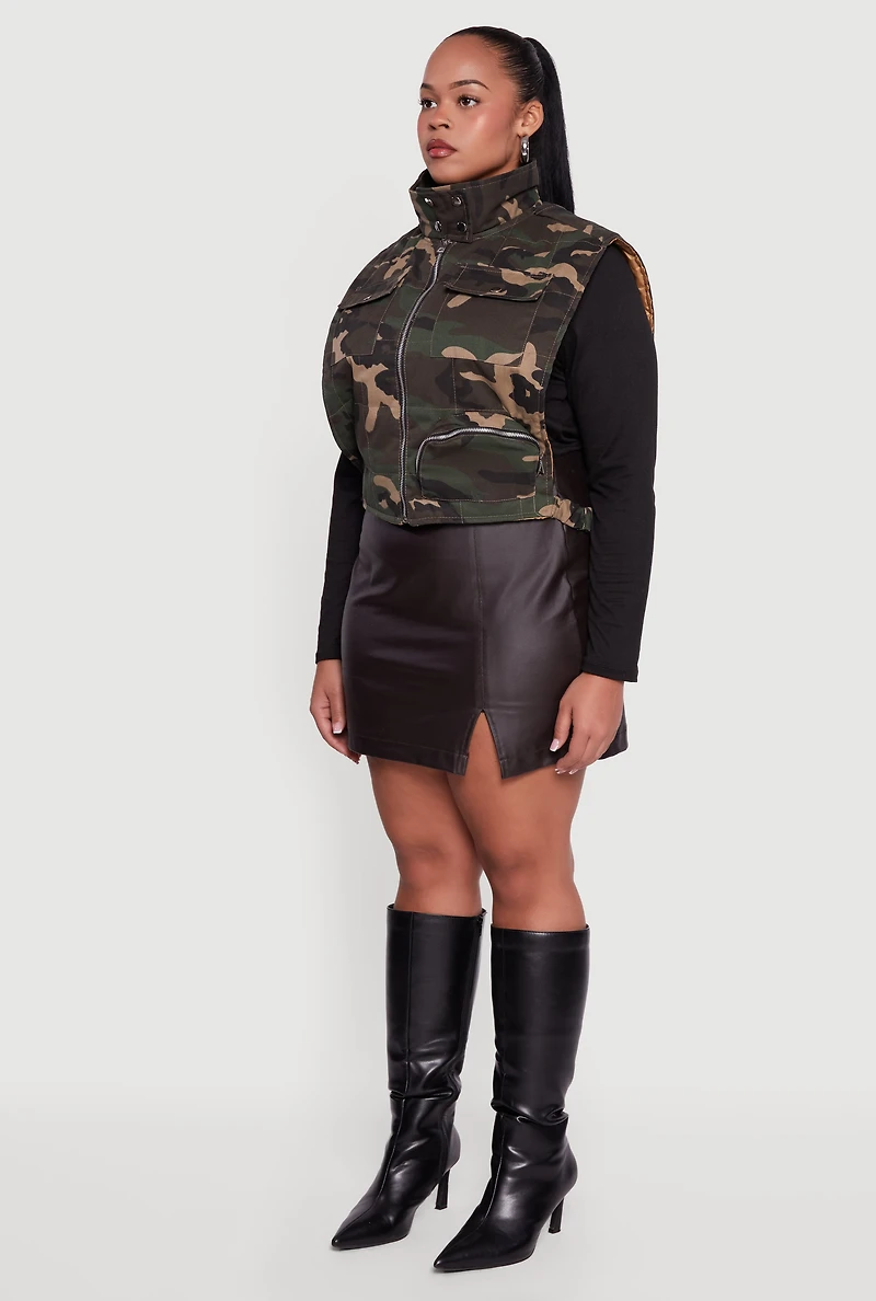 Plus Camo Print Mock Neck Side Buckle Quilted Vest