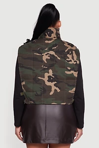 Womens Plus Size Camo Print Mock Neck Side Buckle Quilted Vest, Green, Size 3X