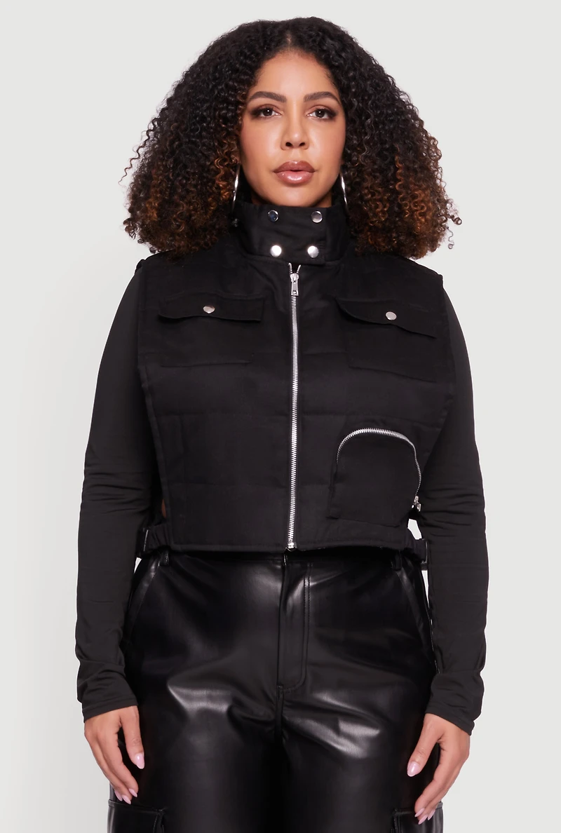 Womens Plus Size Side Buckle Zip Front Quilted Cargo Vest, Black, Size 1X