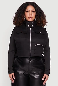 Womens Plus Size Side Buckle Zip Front Quilted Cargo Vest, Black, Size 1X