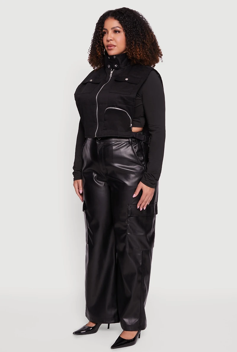 Womens Plus Size Side Buckle Zip Front Quilted Cargo Vest, Black, Size 1X