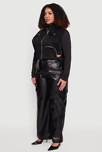 Womens Plus Size Side Buckle Zip Front Quilted Cargo Vest, Black, Size 1X