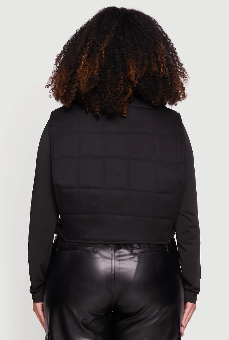 Womens Plus Size Side Buckle Zip Front Quilted Cargo Vest, Black, Size 1X
