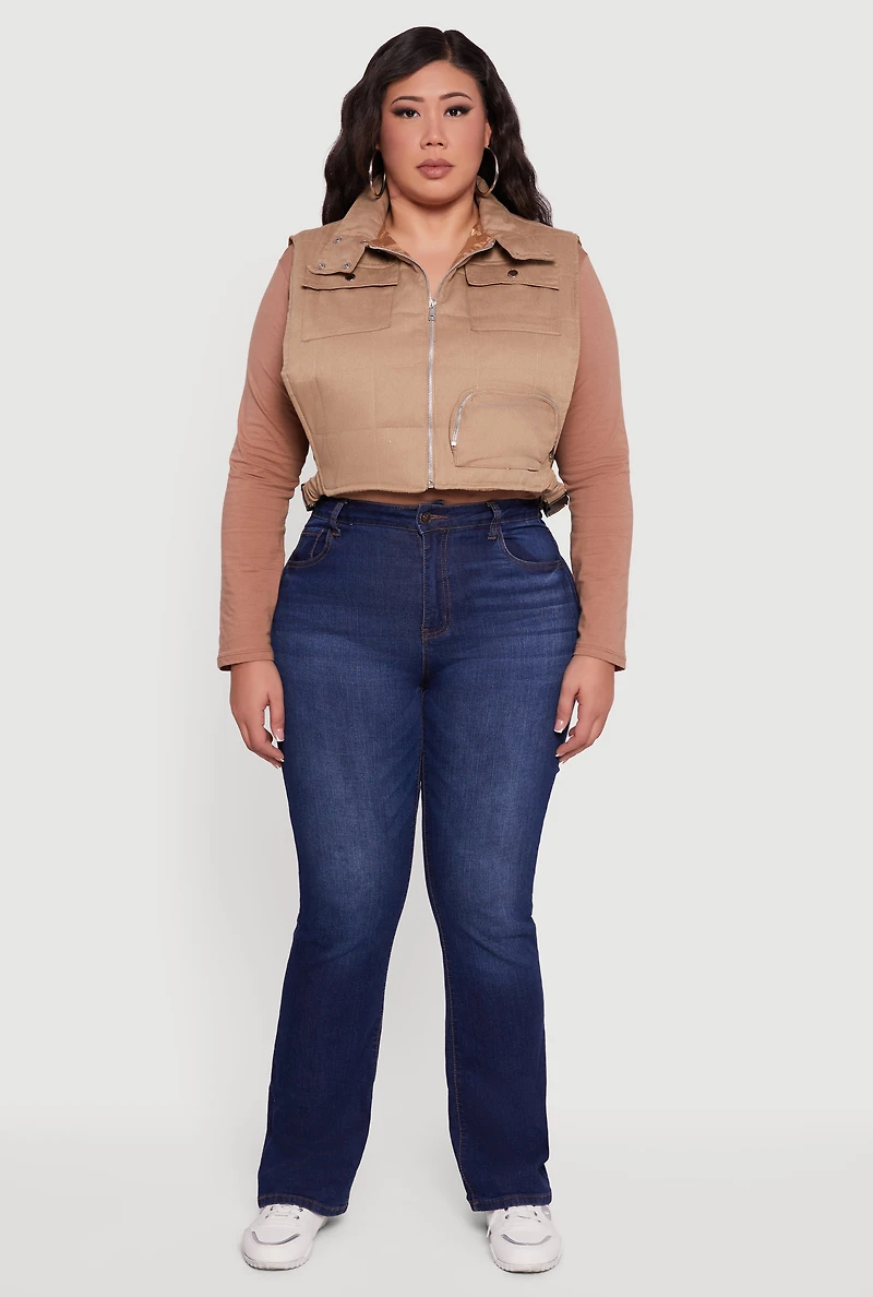 Plus Side Buckle Zip Front Quilted Cargo Vest