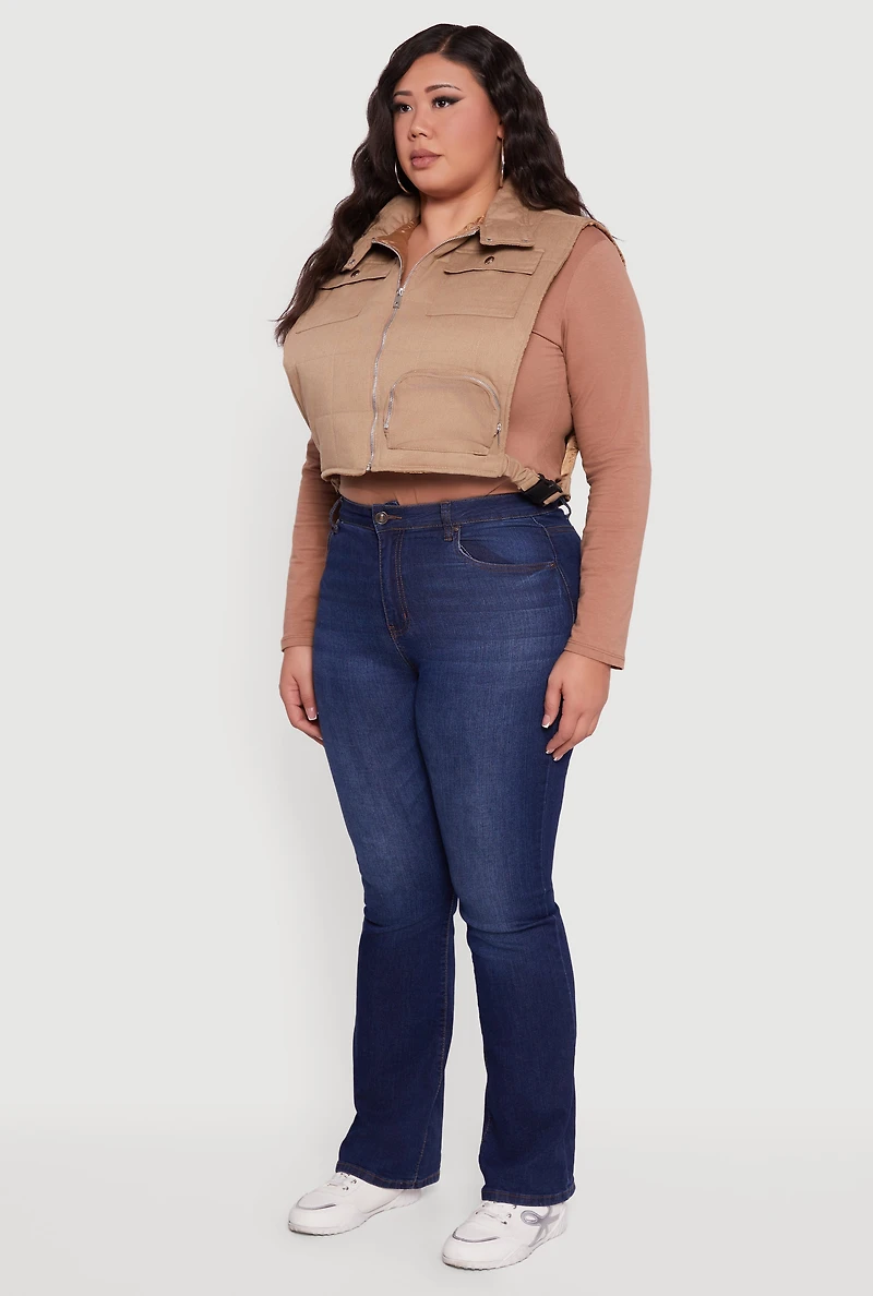 Plus Side Buckle Zip Front Quilted Cargo Vest