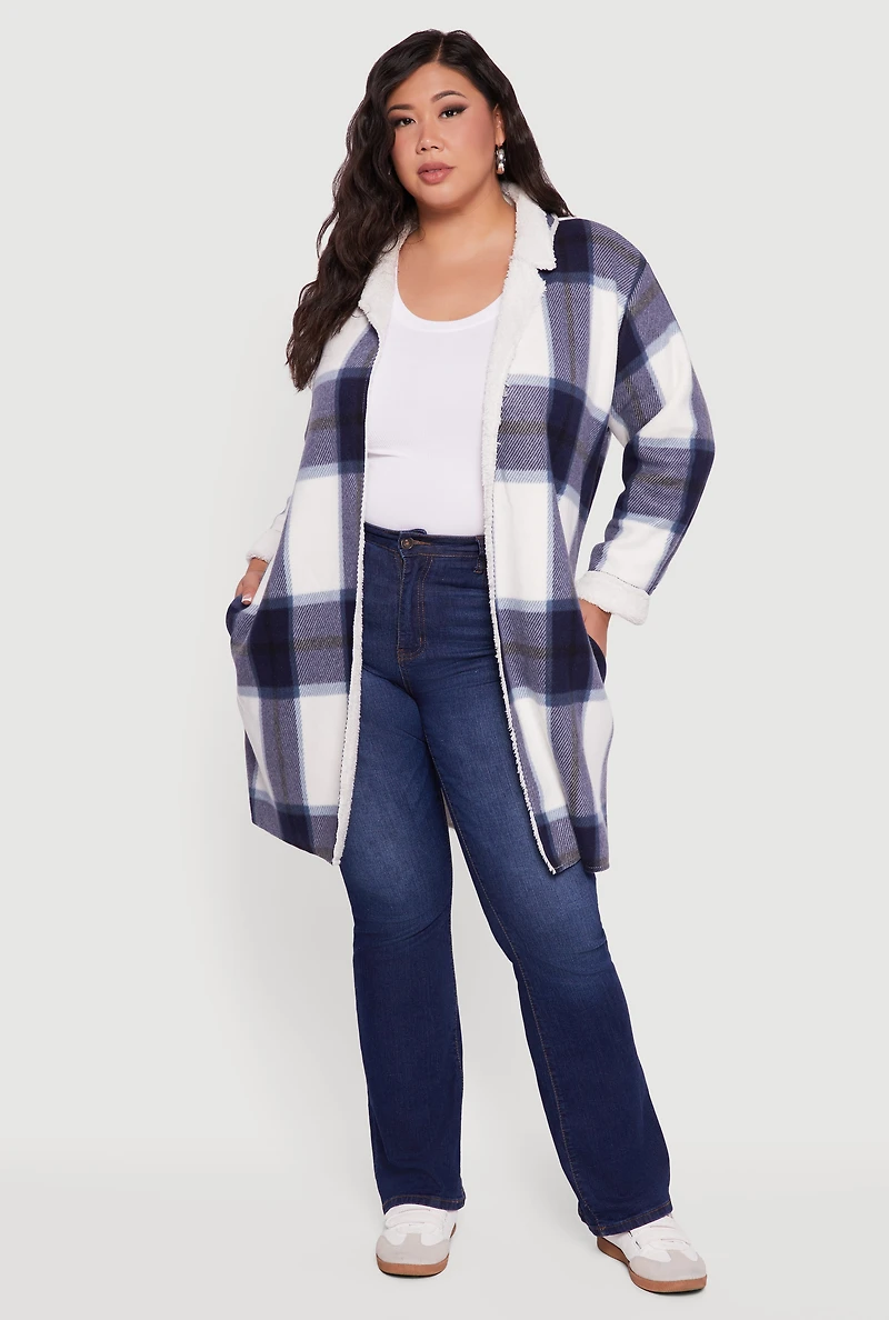 Womens Plus Size Sherpa Lined Long Open Front Shacket, Blue, Size 3X