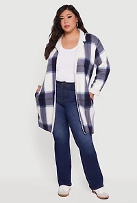 Womens Plus Size Sherpa Lined Long Open Front Shacket, Blue, Size 3X
