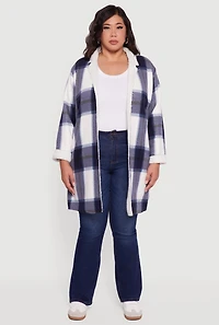 Womens Plus Sherpa Lined Long Open Front Shacket,