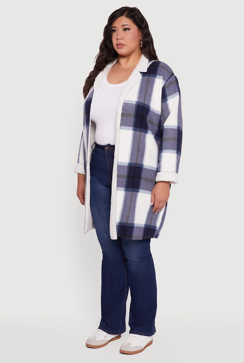 Womens Plus Size Sherpa Lined Long Open Front Shacket, Blue, Size 3X