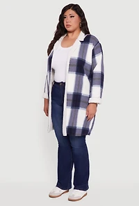 Womens Plus Size Sherpa Lined Long Open Front Shacket, Blue, Size 3X