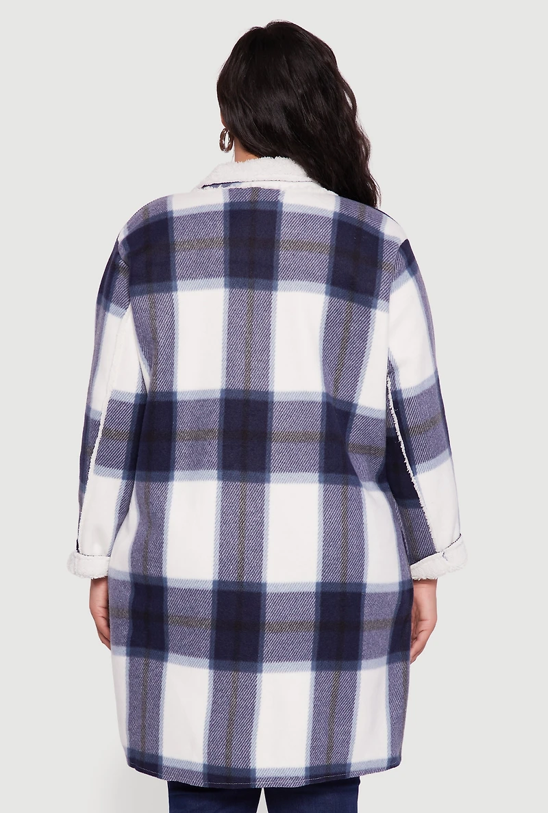Womens Plus Sherpa Lined Long Open Front Shacket,