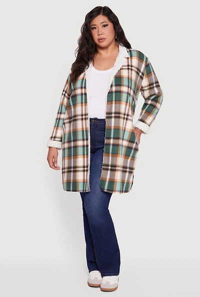 Womens Plus Sherpa Lined Long Open Front Shacket,