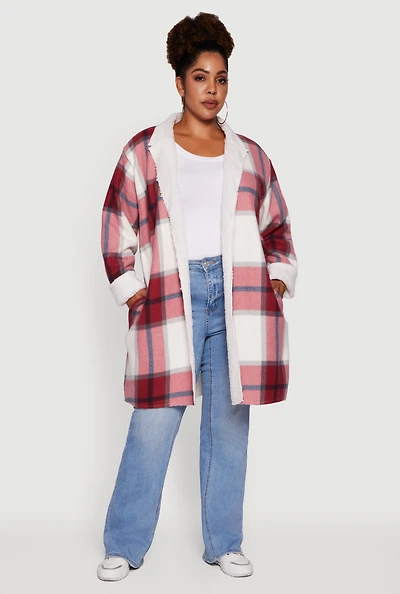 Womens Plus Size Sherpa Lined Long Open Front Shacket, Red, Size 3X