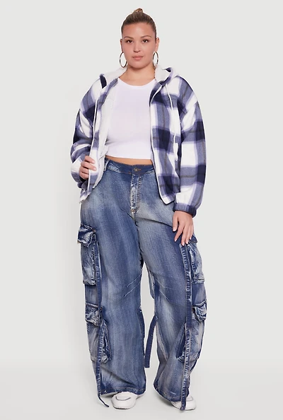 Womens Plus Hooded Zip Front Plaid Sherpa Shacket,