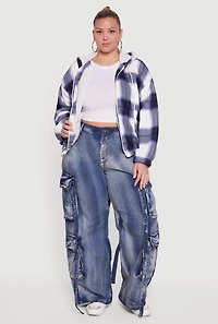 Plus Hooded Zip Front Plaid Sherpa Shacket