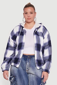 Plus Hooded Zip Front Plaid Sherpa Shacket
