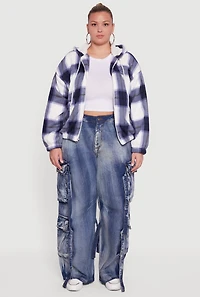 Womens Plus Size Hooded Zip Front Plaid Sherpa Shacket, Blue, Size 3X