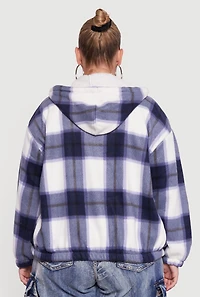 Plus Hooded Zip Front Plaid Sherpa Shacket