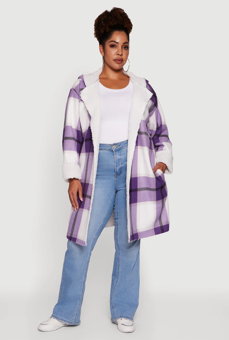 Womens Plus Size Plaid Sherpa Lined Long Open Front Hooded Shacket, Purple, Size 3X