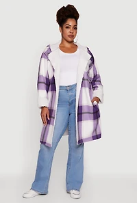 Womens Plus Size Plaid Sherpa Lined Long Open Front Hooded Shacket, Purple, Size 3X