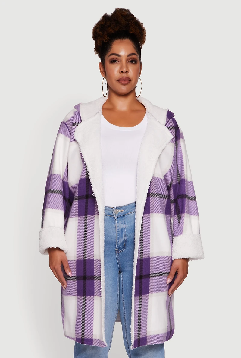 Womens Plus Size Plaid Sherpa Lined Long Open Front Hooded Shacket, Purple, Size 3X