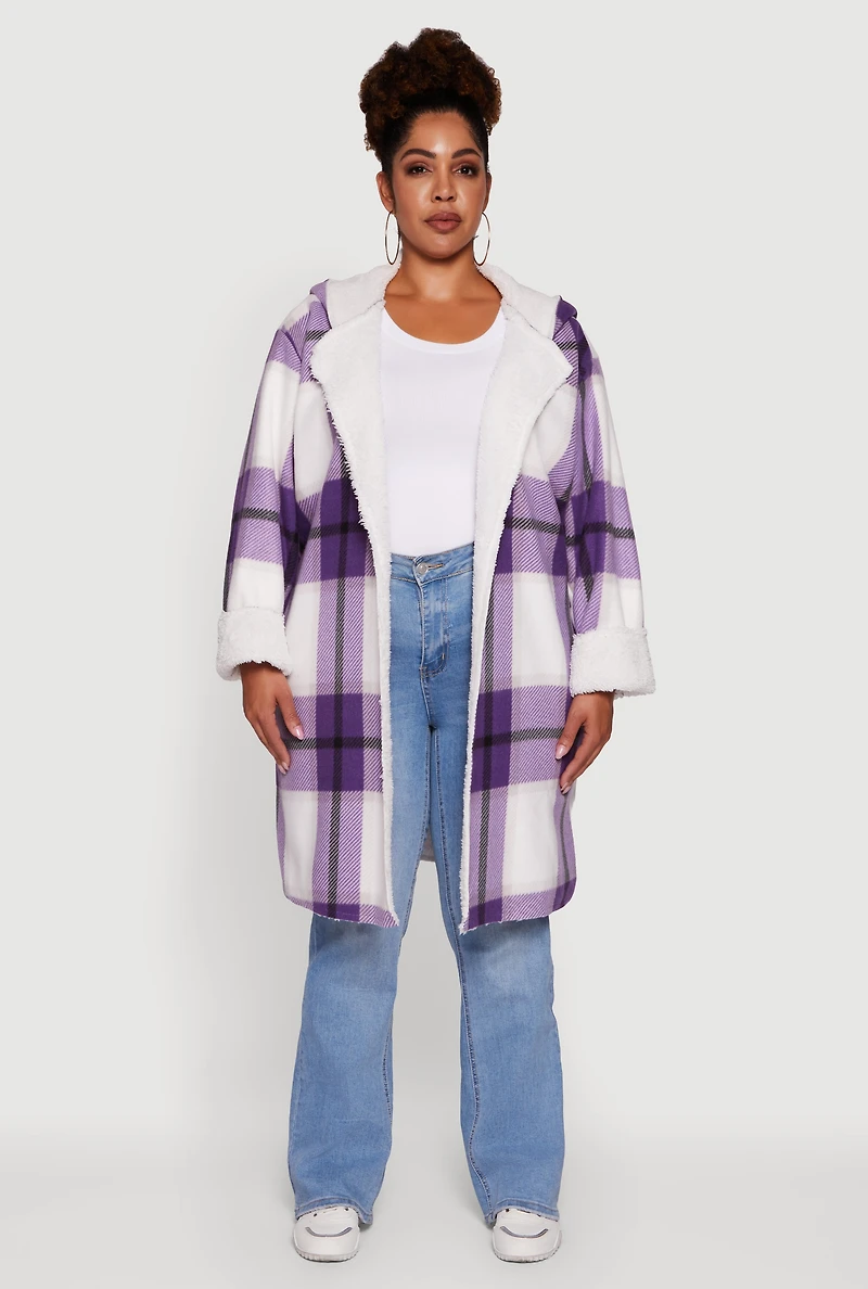 Womens Plus Size Plaid Sherpa Lined Long Open Front Hooded Shacket, Purple, Size 3X