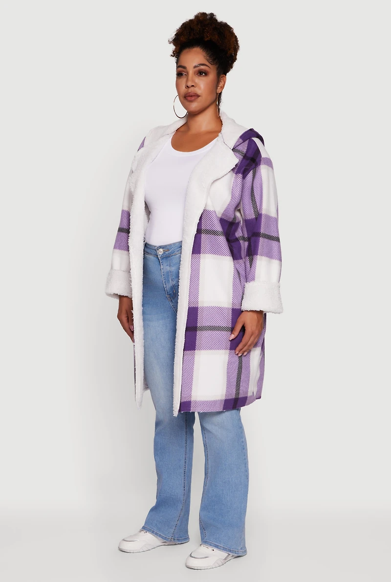 Womens Plus Size Plaid Sherpa Lined Long Open Front Hooded Shacket, Purple, Size 3X