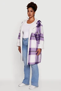Womens Plus Size Plaid Sherpa Lined Long Open Front Hooded Shacket, Purple, Size 1X