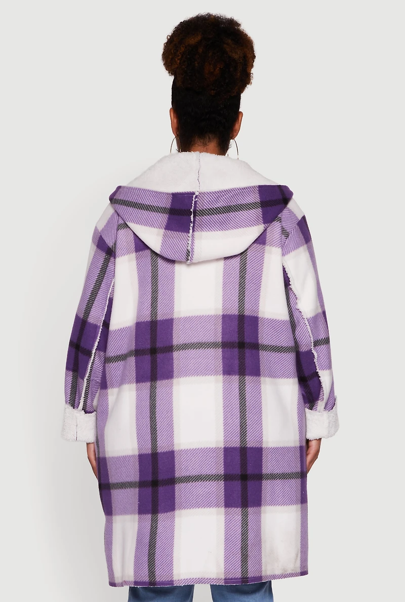 Womens Plus Size Plaid Sherpa Lined Long Open Front Hooded Shacket, Purple, Size 3X