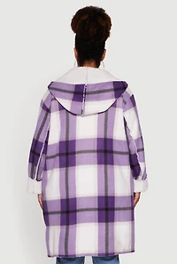 Womens Plus Size Plaid Sherpa Lined Long Open Front Hooded Shacket, Purple, Size 3X