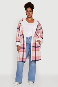 Plus Plaid Sherpa Lined Long Open Front Hooded Shacket