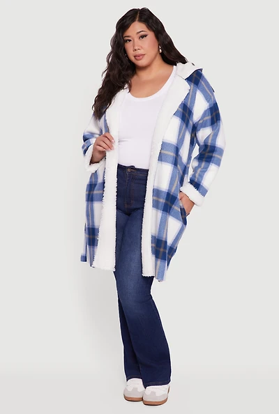 Womens Plus Plaid Sherpa Lined Long Open Front Hooded Shacket,