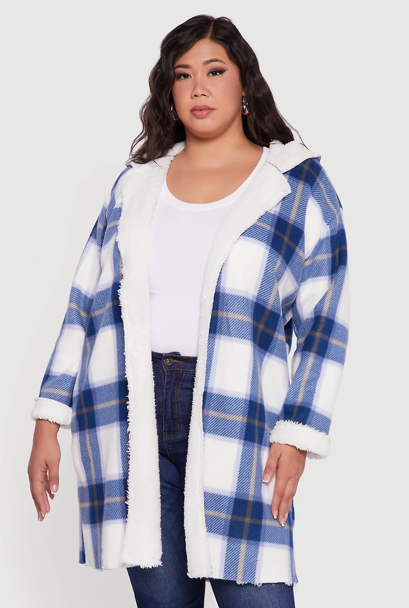 Womens Plus Size Plaid Sherpa Lined Long Open Front Hooded Shacket, Blue, Size 1X
