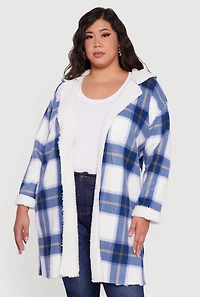 Womens Plus Size Plaid Sherpa Lined Long Open Front Hooded Shacket, Blue, Size 1X