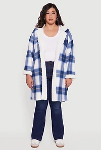 Womens Plus Size Plaid Sherpa Lined Long Open Front Hooded Shacket, Blue, Size 1X
