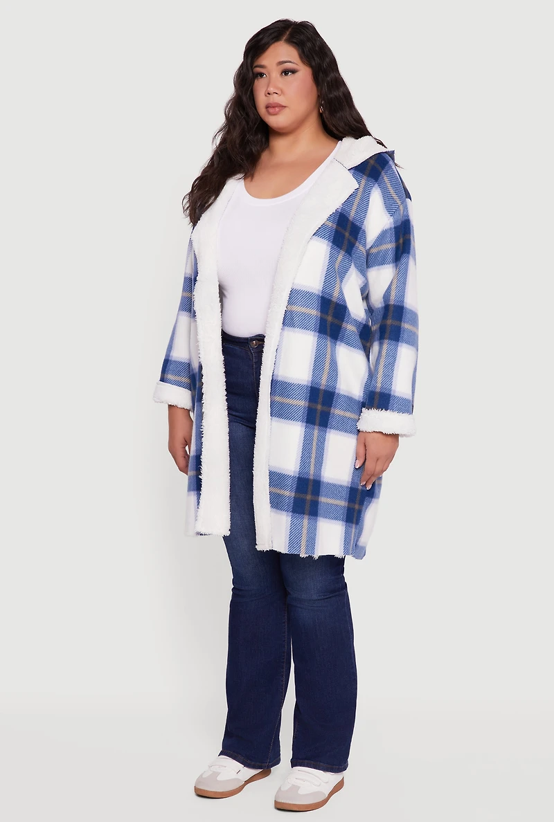 Womens Plus Size Plaid Sherpa Lined Long Open Front Hooded Shacket, Blue, Size 1X