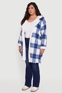 Womens Plus Size Plaid Sherpa Lined Long Open Front Hooded Shacket, Blue, Size 1X