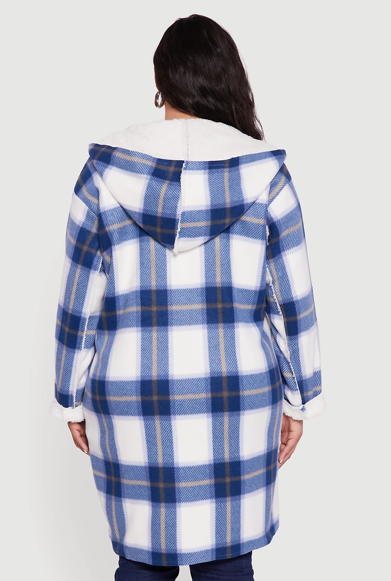 Womens Plus Size Plaid Sherpa Lined Long Open Front Hooded Shacket, Blue, Size 1X
